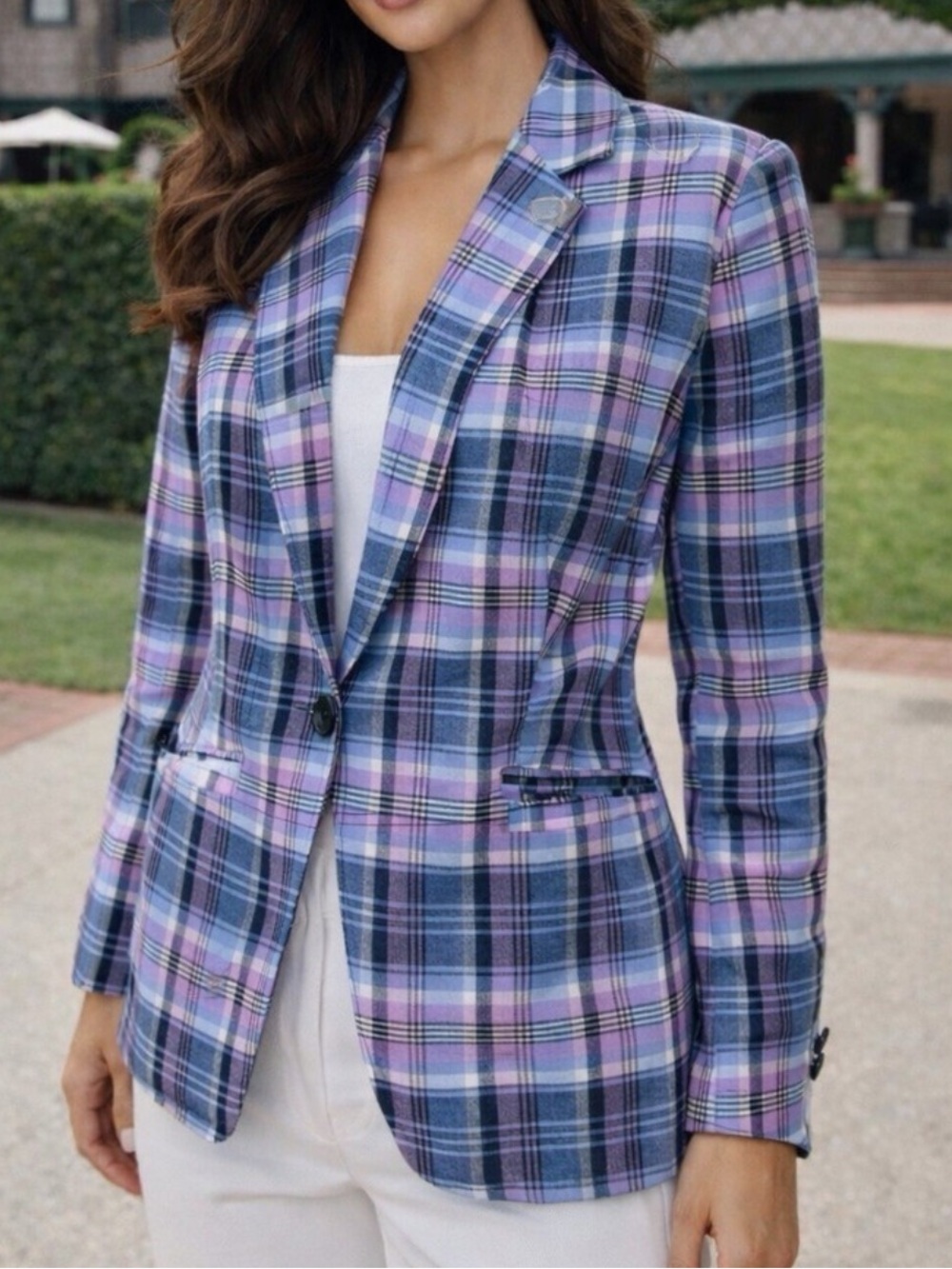 Talbots Plaid Lavender & Navy Women's Linen Blend  Blazer, size 12